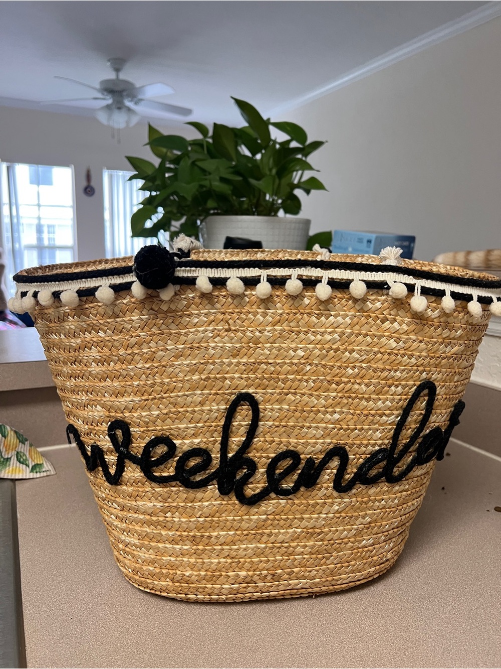 Weekend Straw Tote Bag with Black Script